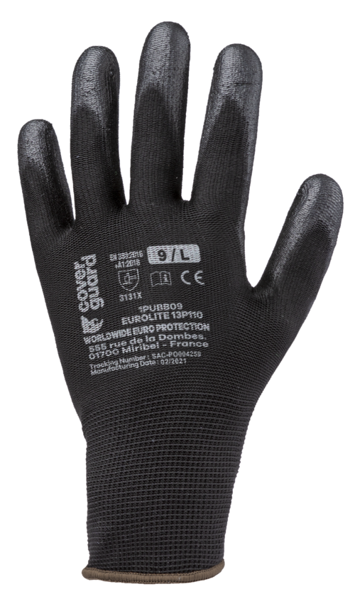 Gants EUROLITE 13P110 J13 PE noir end. PU noir T10