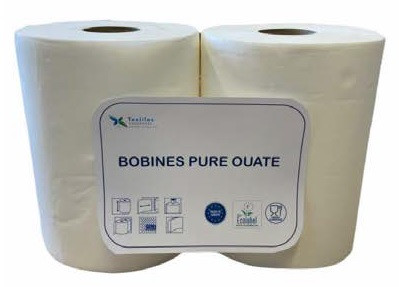 Lot de 2 Bobines d'essuyage pure ouate micro gaufrées blanches.