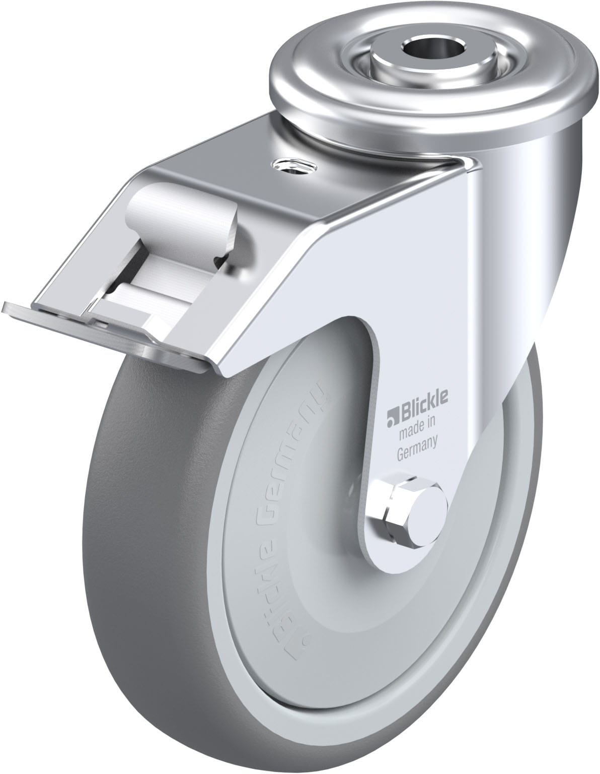 Roulette pivotante caoutchouc thermoplastique avec trou central et blocage “stop-fix”