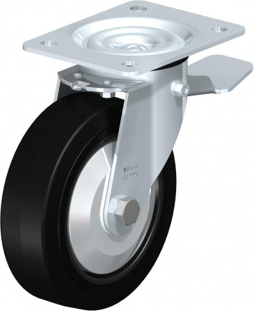 Roulette pivotante en tôle d’acier, avec platine à visser et blocage “stop-top”