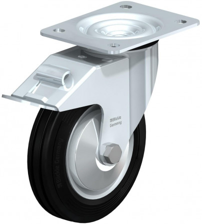 Roulette pivotante en tôle d’acier, avec platine à visser et blocage “stop-fix”