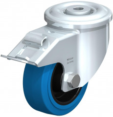 Roulette pivotante en tôle d’acier, version lourde, avec trou central et blocage “stop-fix”