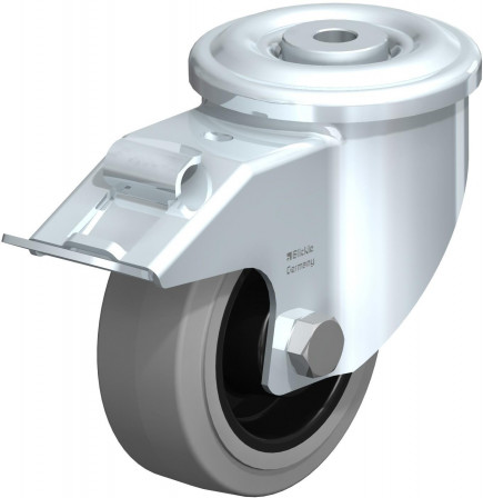 Roulette pivotante en tôle d’acier, version lourde, avec trou central et blocage “stop-fix”