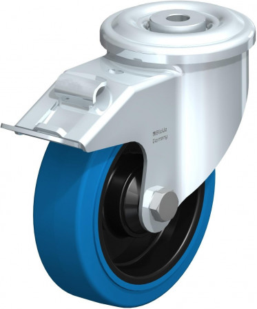 Roulette pivotante en tôle d’acier, version lourde, avec trou central et blocage “stop-fix”