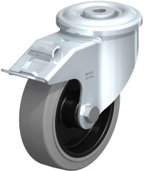 Roulette pivotante en tôle d’acier, version lourde, avec trou central et blocage “stop-fix”