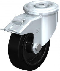 Roulette pivotante en tôle d’acier, version lourde, avec trou central et blocage “stop-fix”