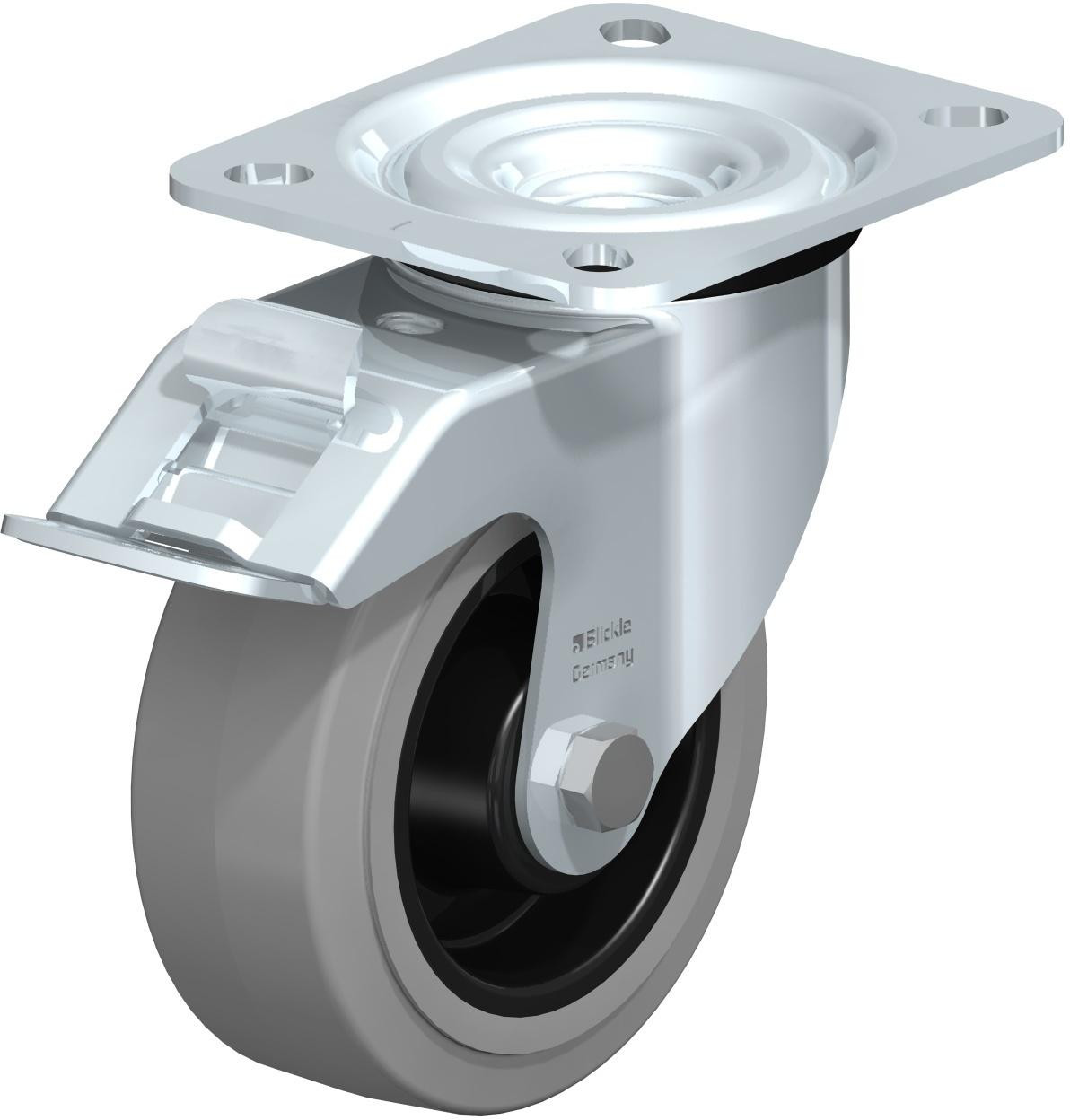 Roulette pivotante en tôle d’acier, version mi-lourde, avec platine à visser et blocage “stop-fix”