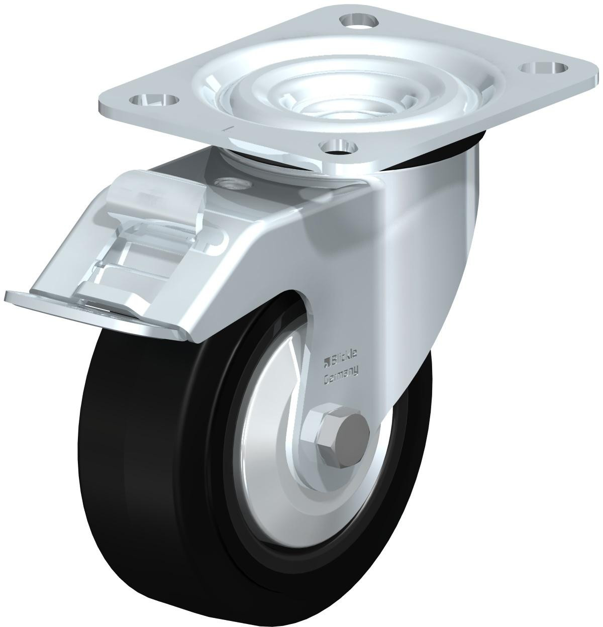 Roulette pivotante en tôle d’acier, version mi-lourde, avec platine à visser et blocage “stop-fix”