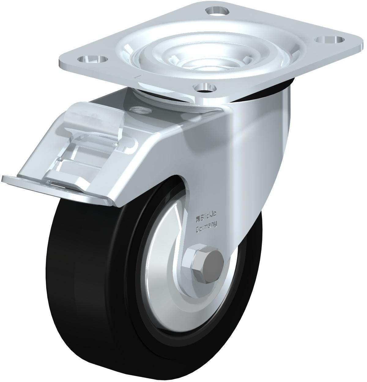 Roulette pivotante en tôle d’acier, version mi-lourde, avec platine à visser et blocage “stop-fix”