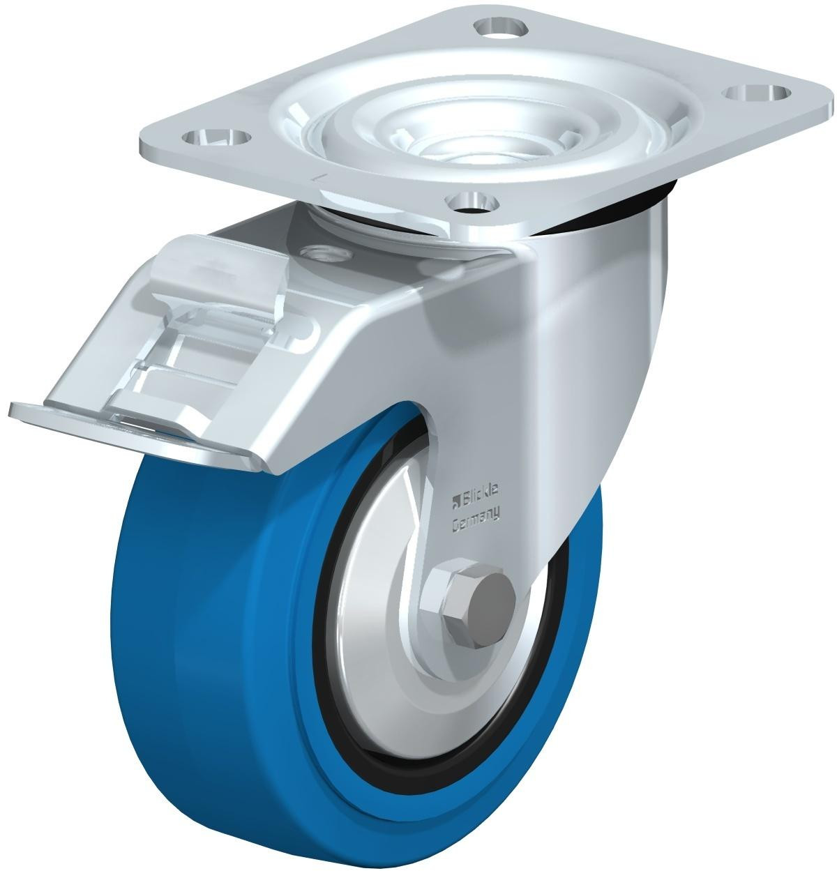 Roulette pivotante en tôle d’acier, version mi-lourde, avec platine à visser et blocage “stop-fix”