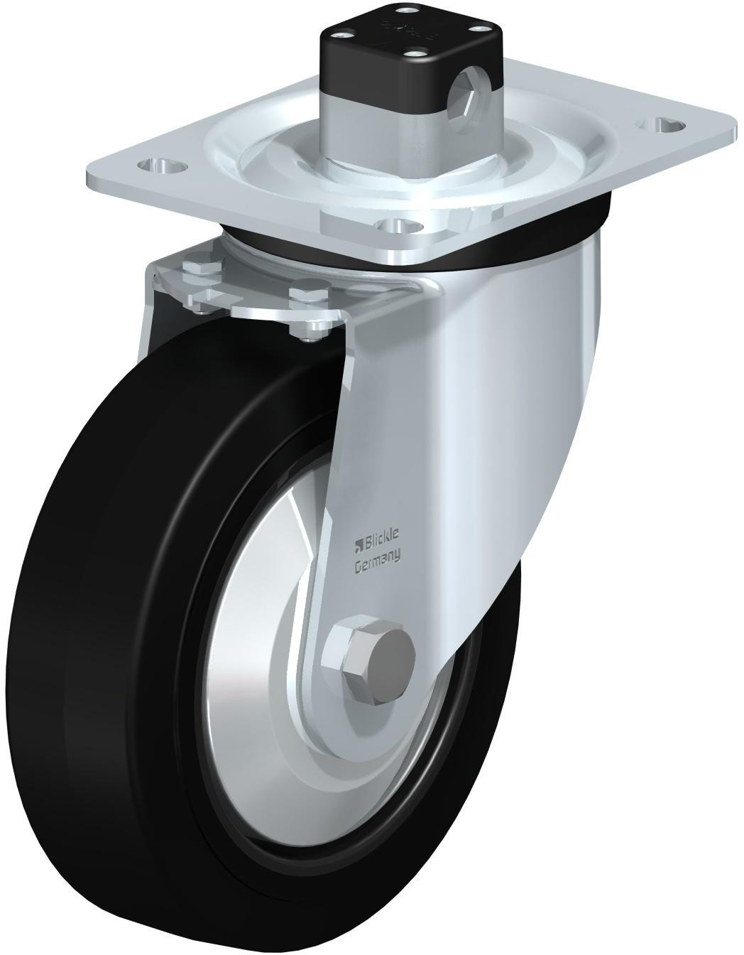 Roulette pivotante en tôle d’acier, version mi-lourde, avec platine à visser et blocage centralisé “central-stop”