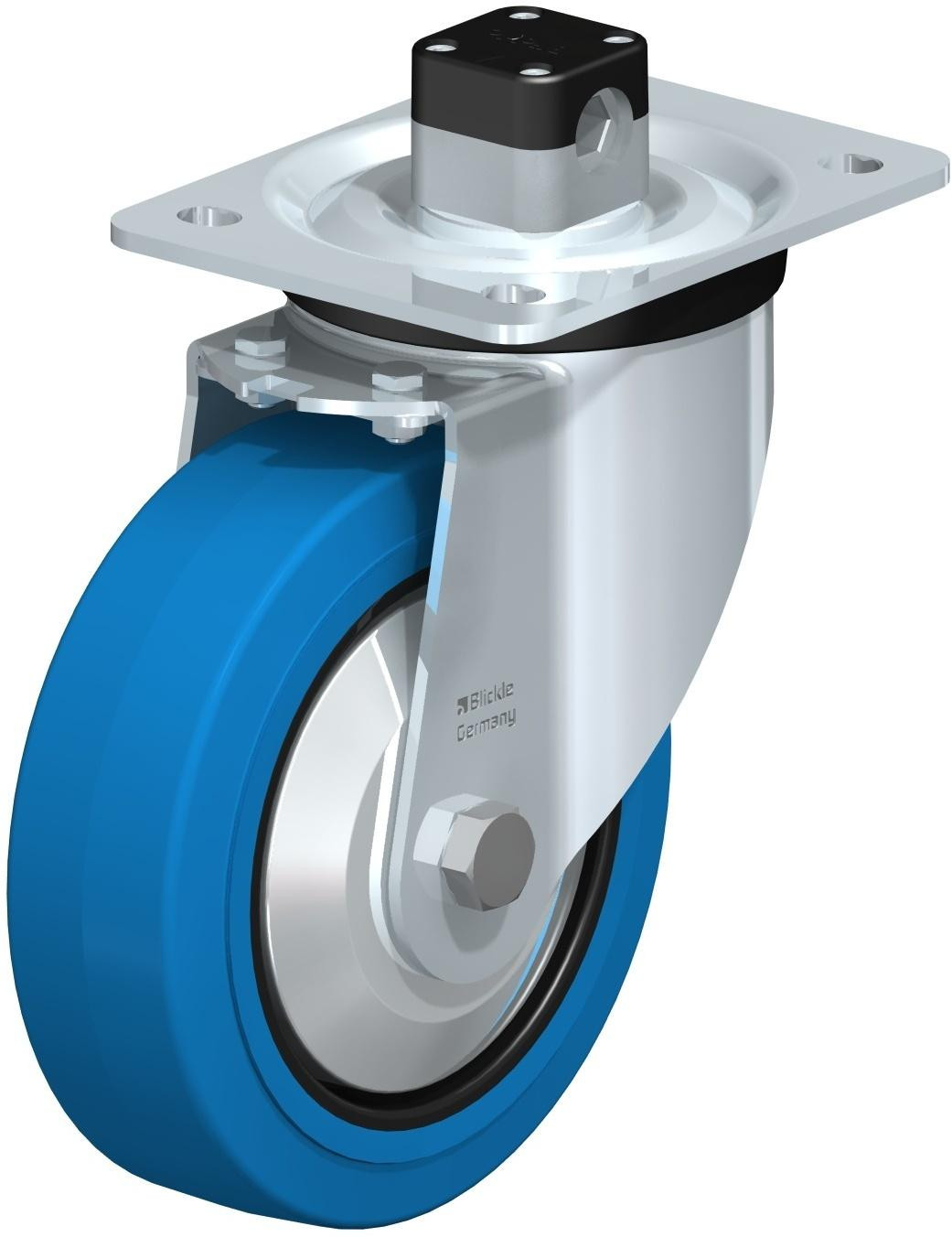 Roulette pivotante en tôle d’acier, version mi-lourde, avec platine à visser et blocage centralisé “central-stop”