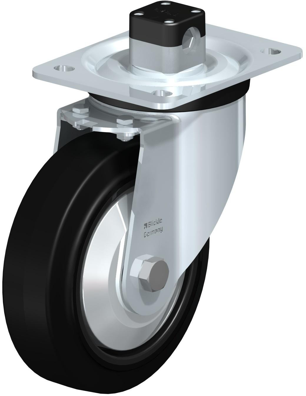 Roulette pivotante en tôle d’acier, version mi-lourde, avec platine à visser et blocage centralisé “central-stop”