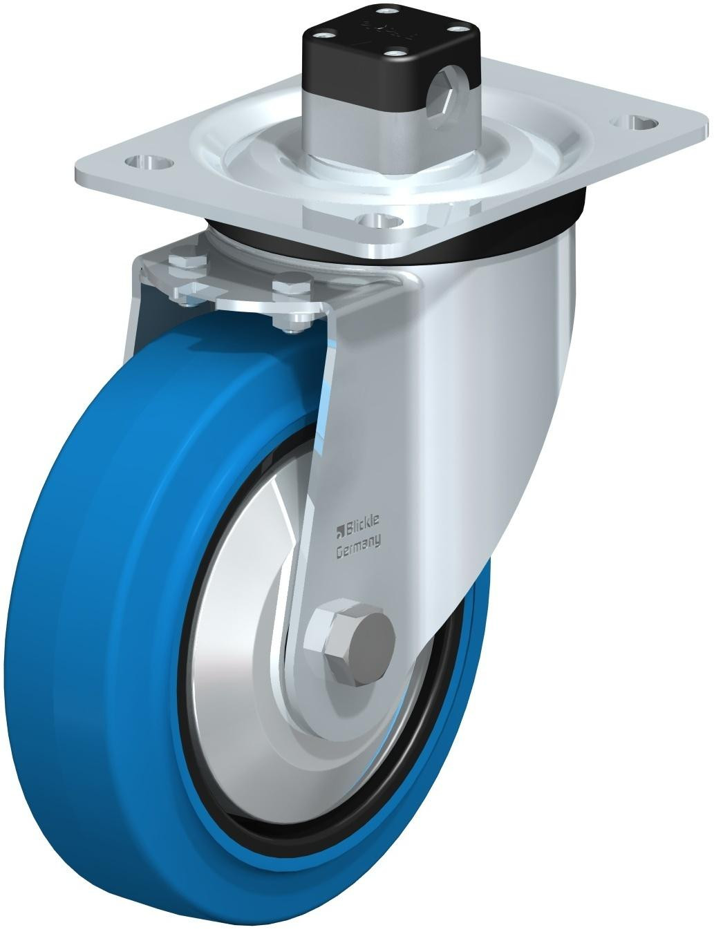 Roulette pivotante en tôle d’acier, version mi-lourde, avec platine à visser et blocage centralisé “central-stop”