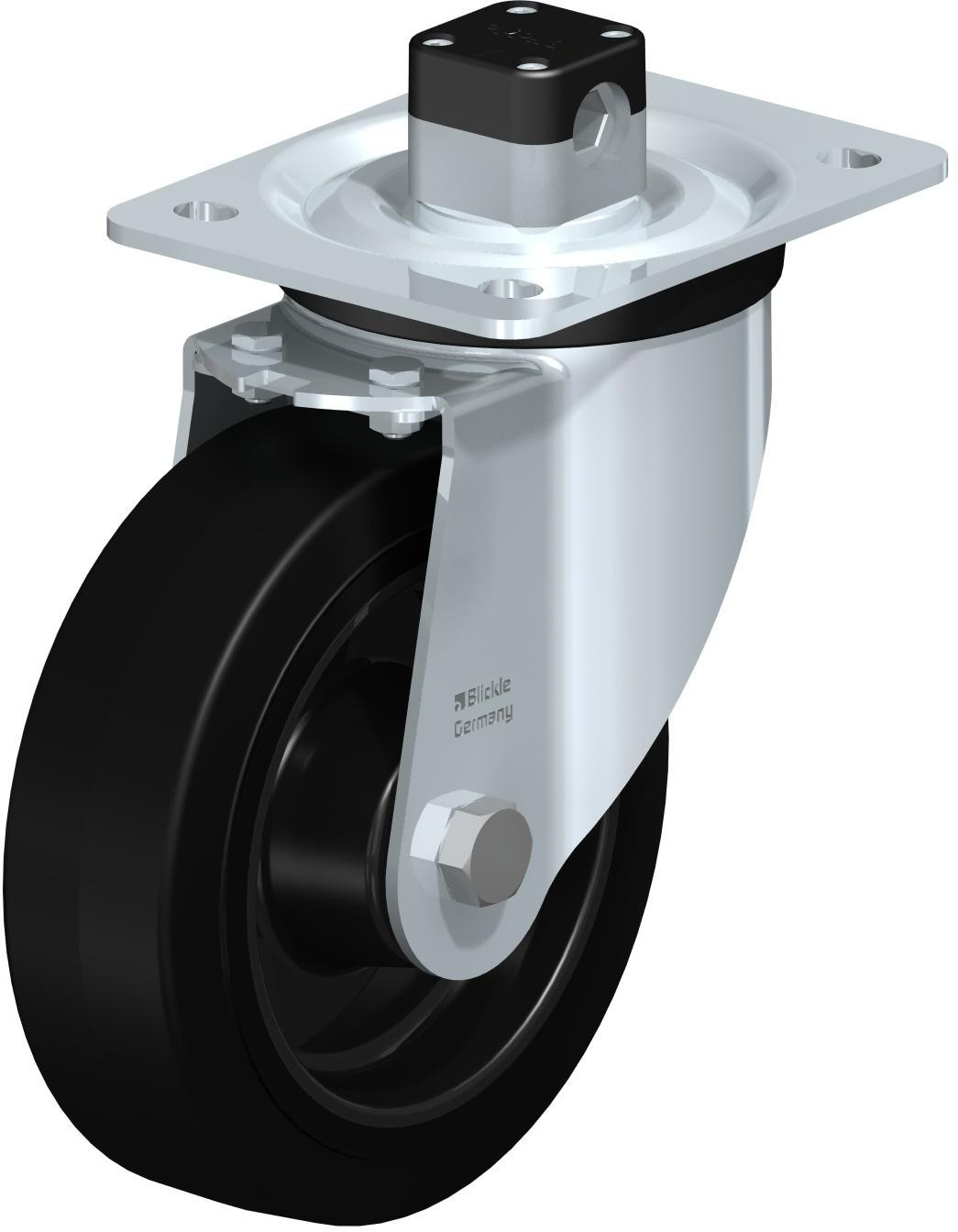 Roulette pivotante en tôle d’acier, version mi-lourde, avec platine à visser et blocage centralisé “central-stop”