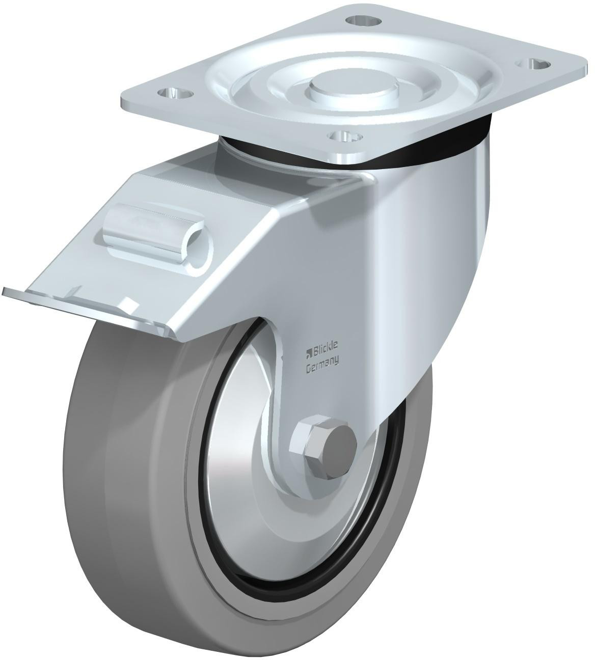 Roulette pivotante en tôle d’acier, version mi-lourde, avec platine à visser et blocage “stop-fix”