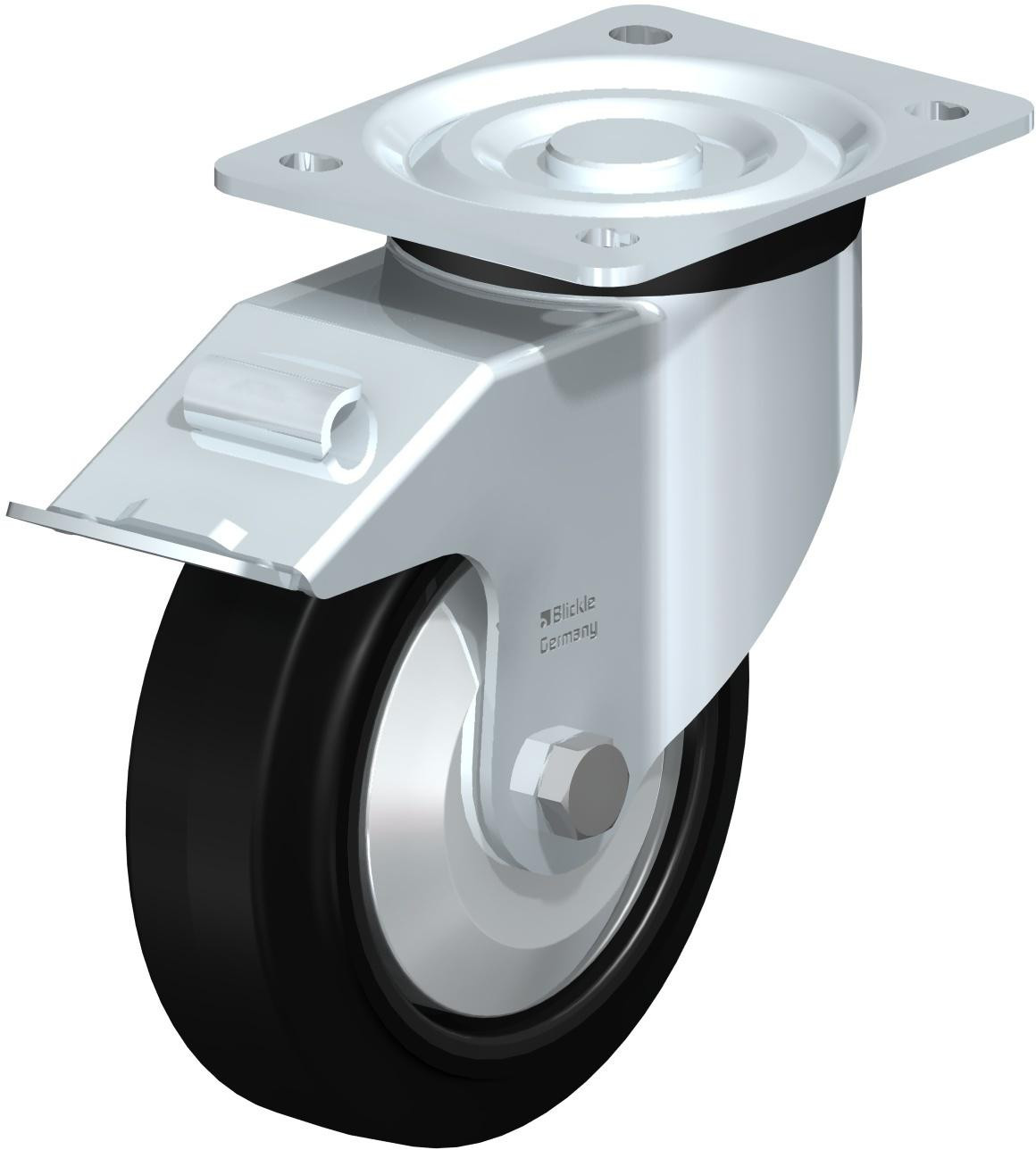 Roulette pivotante en tôle d’acier, version mi-lourde, avec platine à visser et blocage “stop-fix”