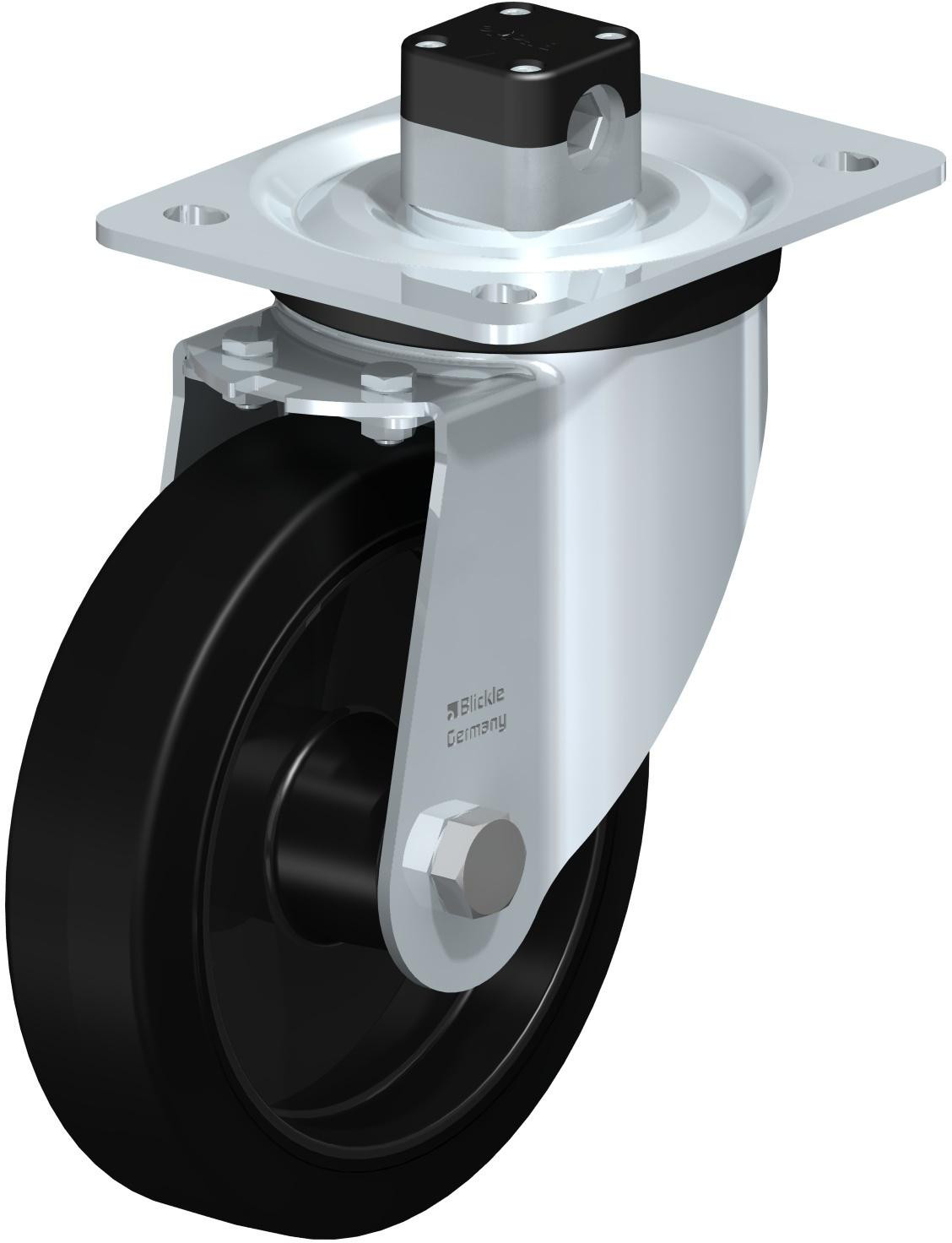 Roulette pivotante en tôle d’acier, version mi-lourde, avec platine à visser et blocage centralisé “central-stop”