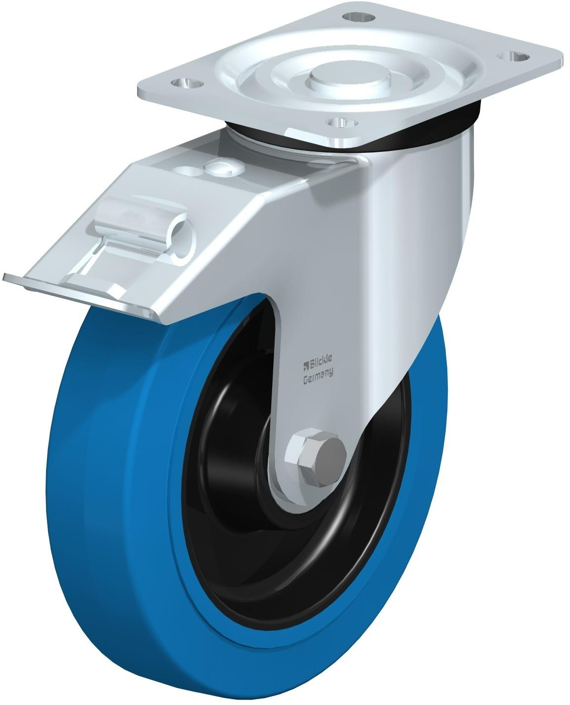 Roulette pivotante en tôle d’acier, version mi-lourde, avec platine à visser et blocage “stop-fix”