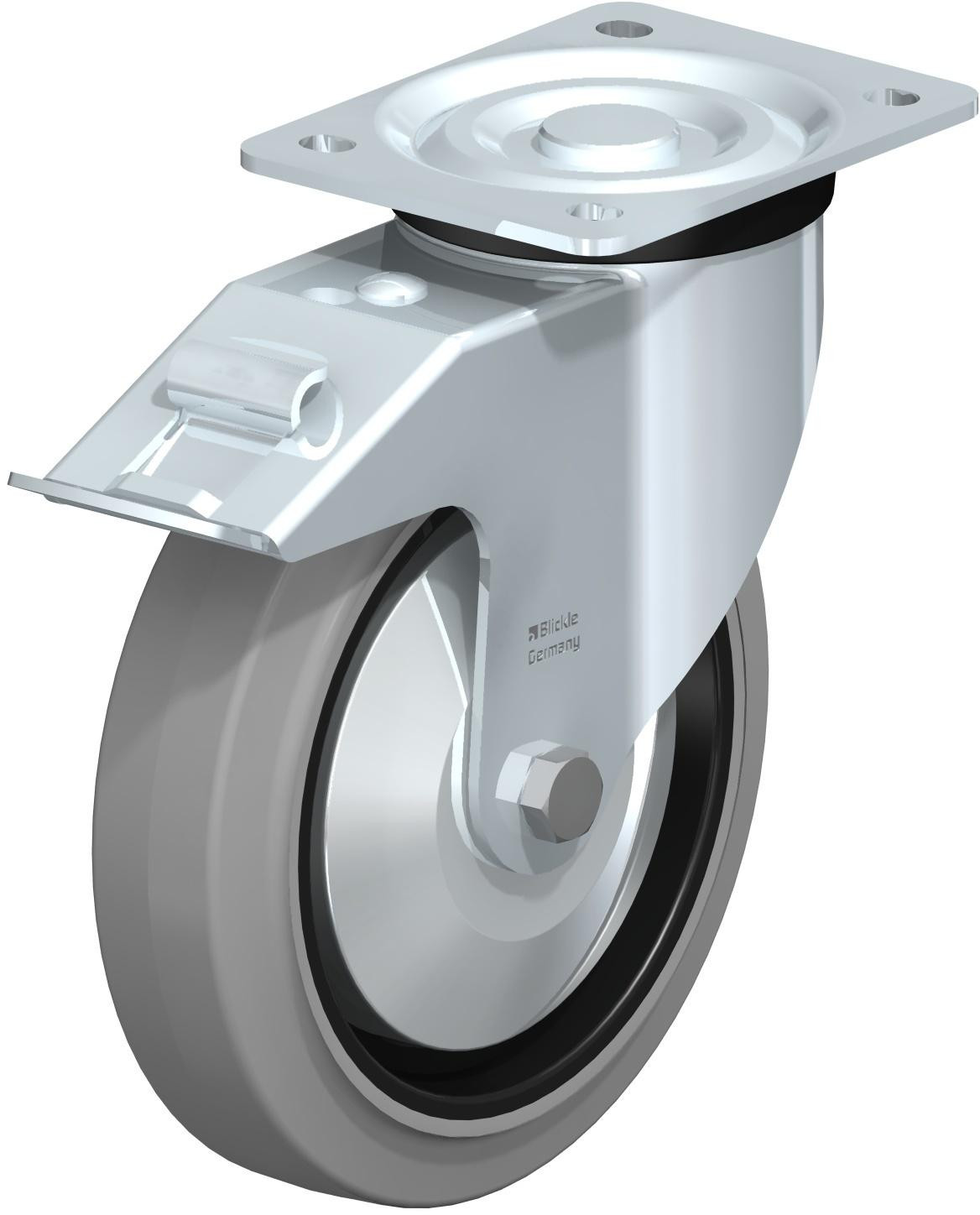 Roulette pivotante en tôle d’acier, version mi-lourde, avec platine à visser et blocage “stop-fix”