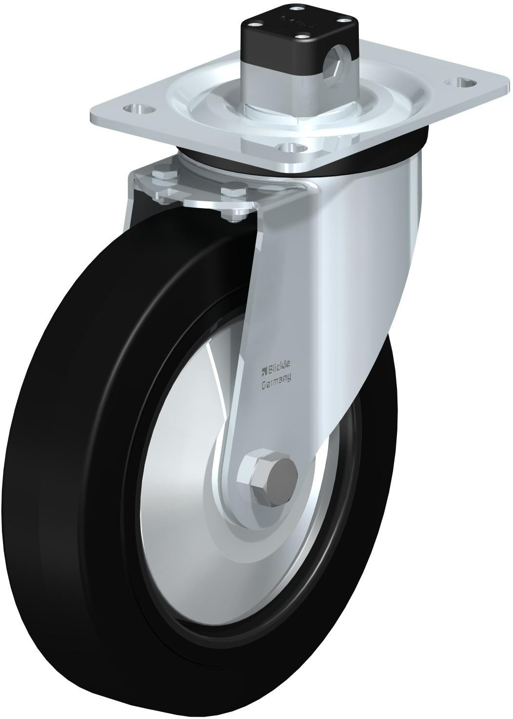 Roulette pivotante en tôle d’acier, version mi-lourde, avec platine à visser et blocage centralisé “central-stop”