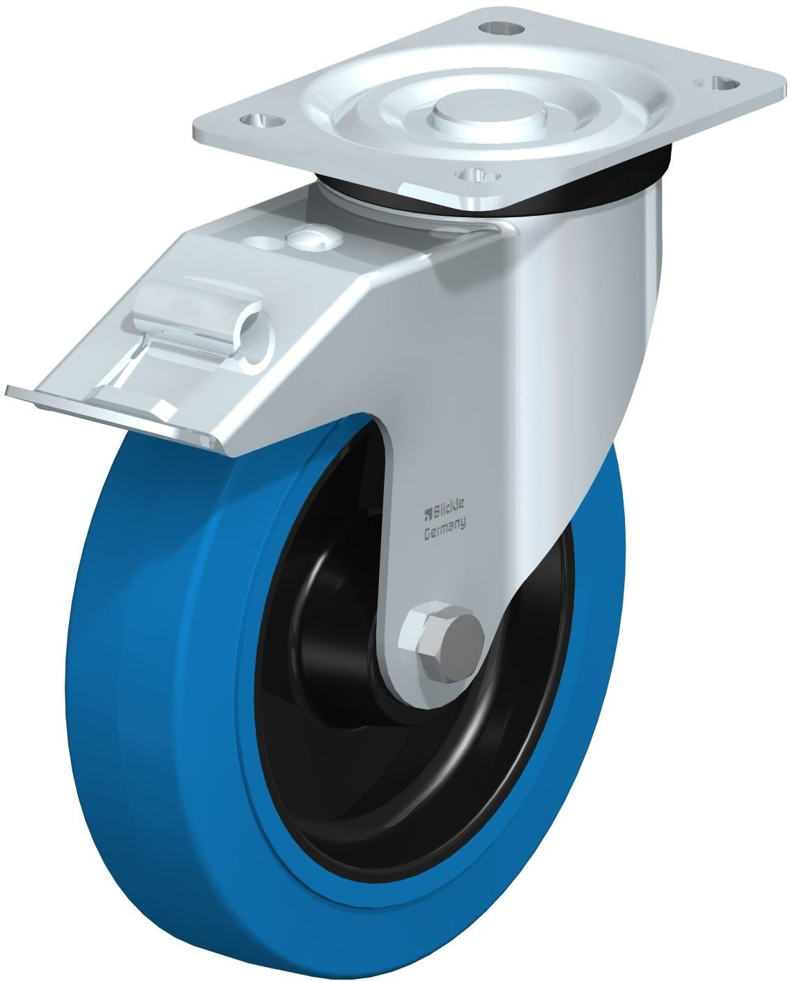 Roulette pivotante en tôle d’acier, version mi-lourde, avec platine à visser et blocage “stop-fix”