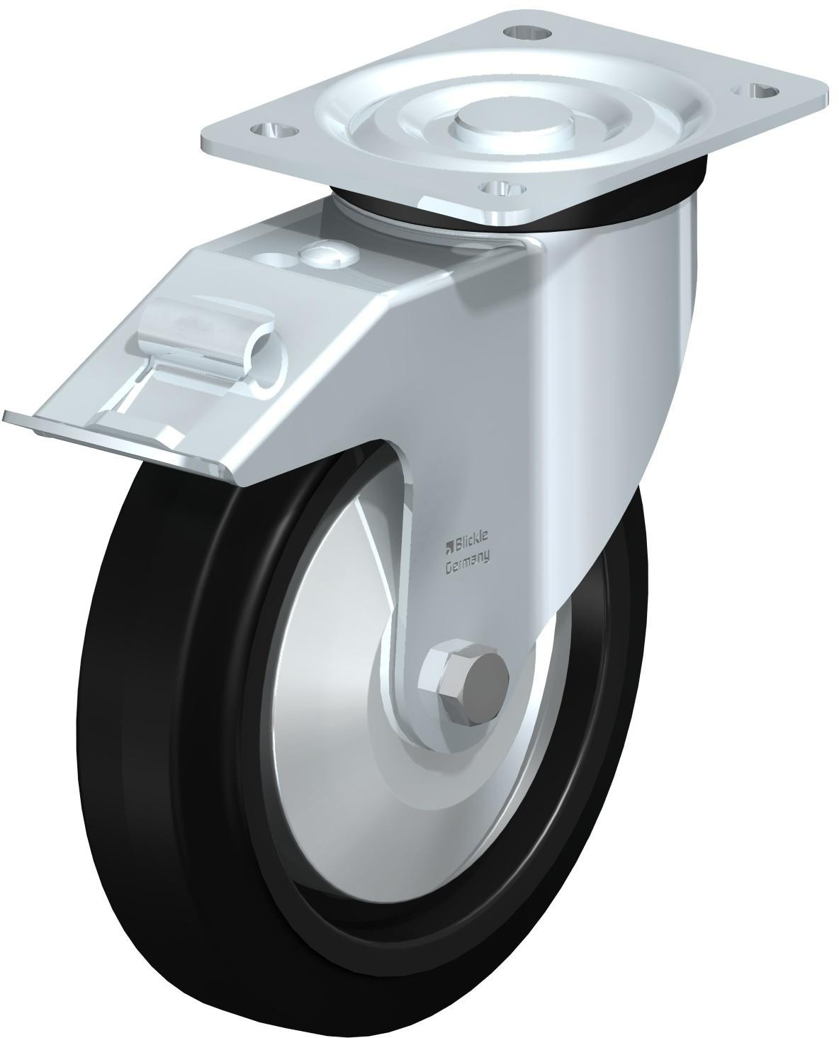 Roulette pivotante en tôle d’acier, version mi-lourde, avec platine à visser et blocage “stop-fix”