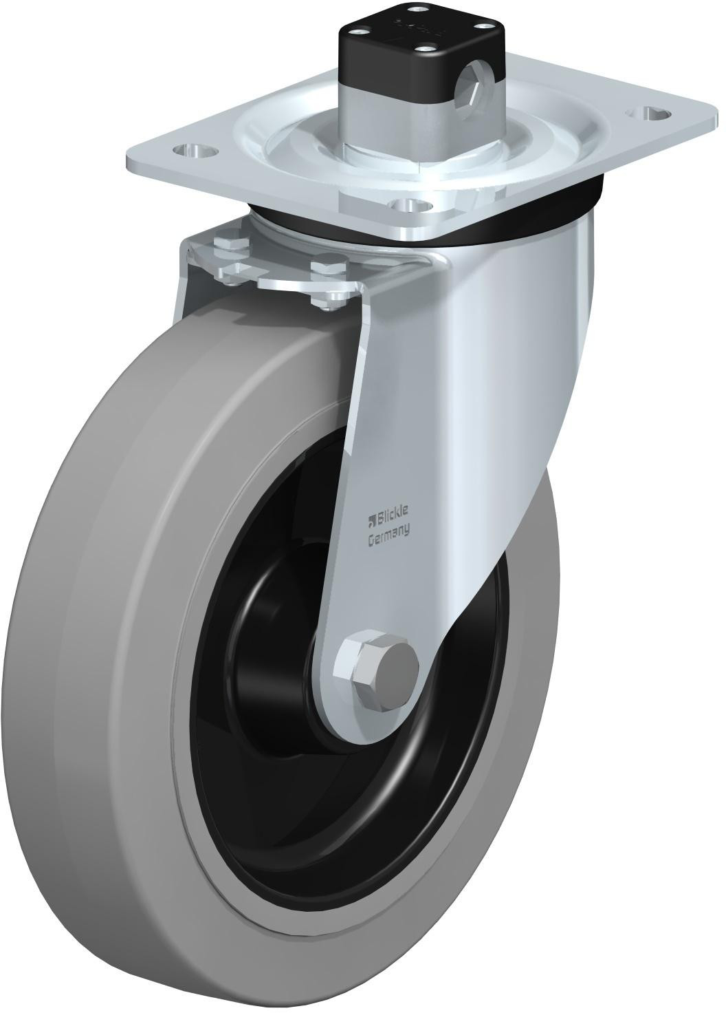 Roulette pivotante en tôle d’acier, version mi-lourde, avec platine à visser et blocage centralisé “central-stop”