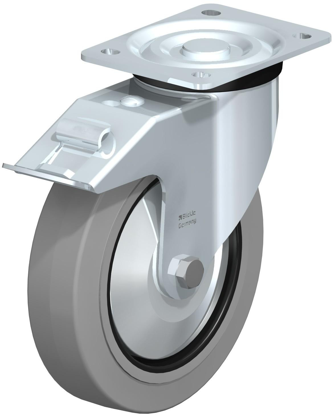 Roulette pivotante en tôle d’acier, version mi-lourde, avec platine à visser et blocage “stop-fix”