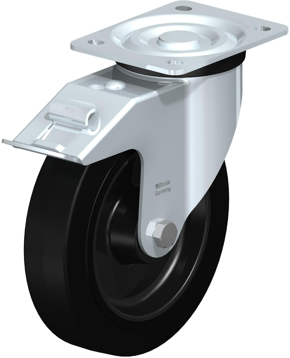 Roulette pivotante en tôle d’acier, version mi-lourde, avec platine à visser et blocage “stop-fix”