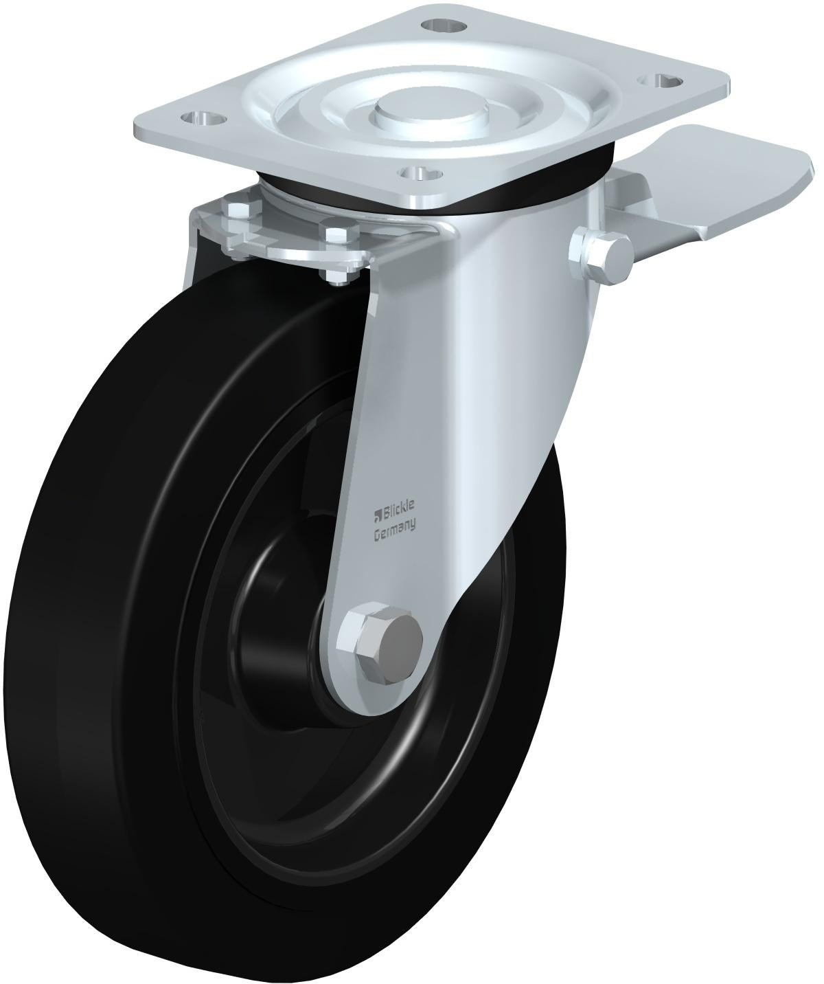 Roulette pivotante en tôle d’acier, version mi-lourde, avec platine à visser et blocage “stop-top”