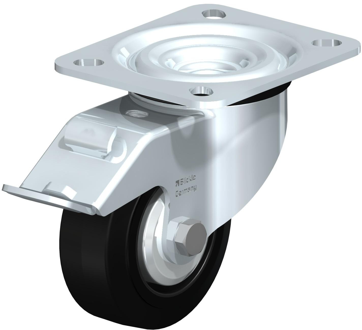 Roulette pivotante en tôle d’acier, version mi-lourde, avec platine à visser et blocage “stop-fix”