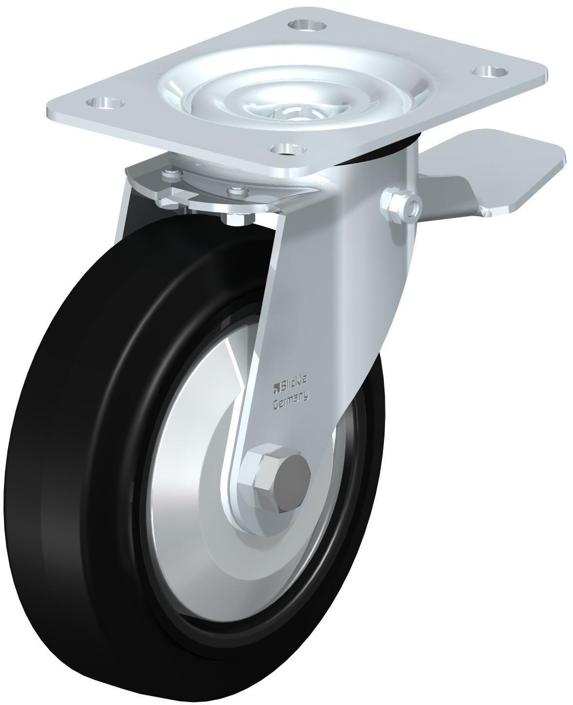 Roulette pivotante en tôle d’acier, avec platine à visser et blocage “stop-top”