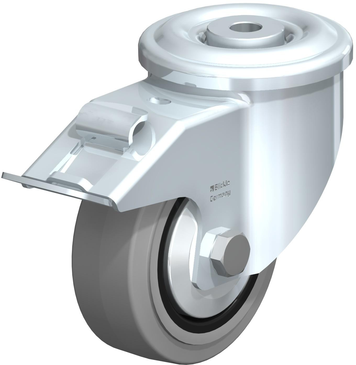 Roulette pivotante en tôle d’acier, version lourde, avec trou central et blocage “stop-fix”