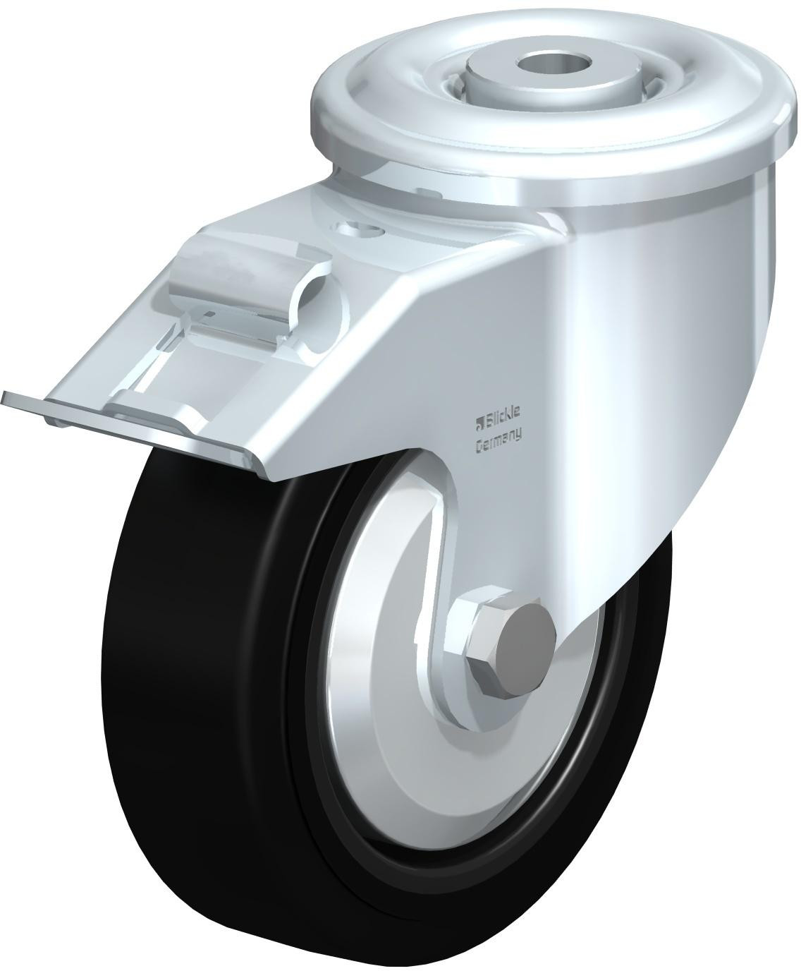 Roulette pivotante en tôle d’acier, version lourde, avec trou central et blocage “stop-fix”