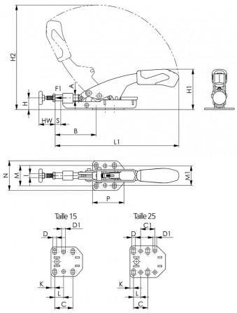 Sauterelle à tige coulissante 6874F taille 25 à portée variable