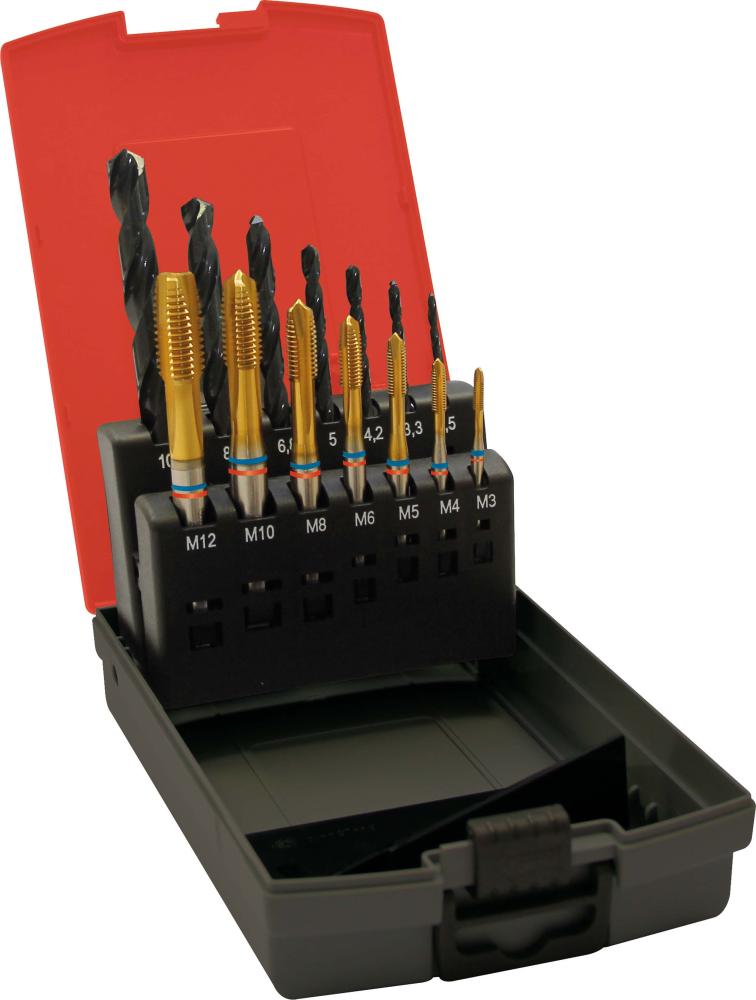 Jeu de tarauds machine Fat Tandem DIN371 HSSE-PM TiN type N 6G forme B M3-M12+forets avant-trous