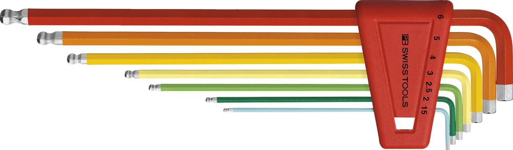 Jeu de clés mâles coudéesds support plast. 7 pcs 1,5-6mm Rainbow Tête sph.