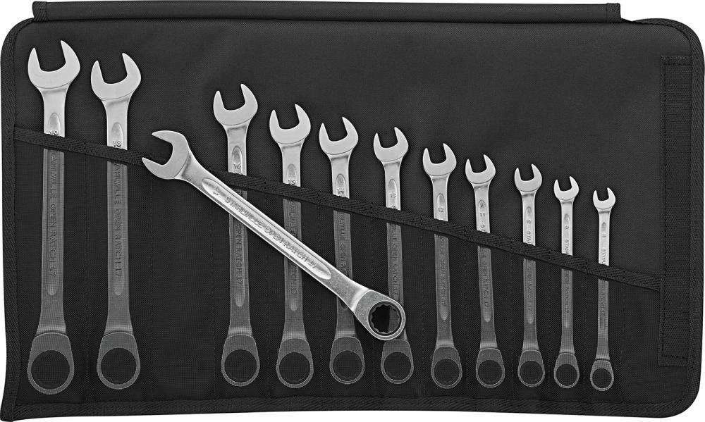 Jeu de 12 clés à cliquet droites 8-19mm dans une trousse enroulable 