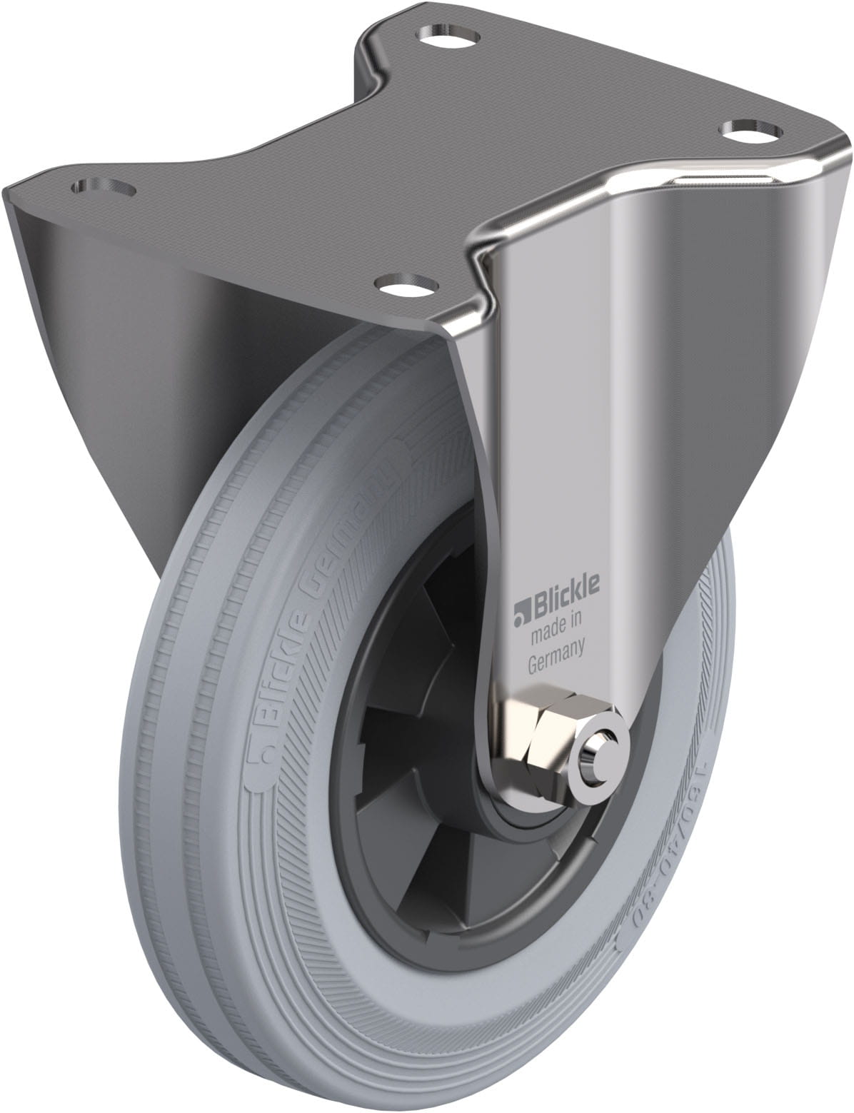 Roulette fixe inox bandage caoutchouc avec platine à visser