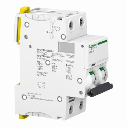 Acti9 iC60N - Disjoncteur - 2P - 32A - Courbe B - 400Vca - 6000A/10kA