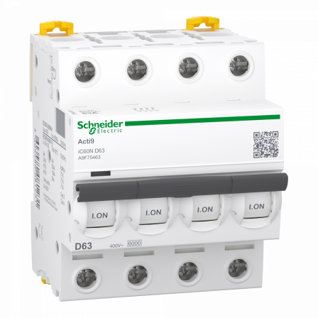 Acti9 iC60N - Disjoncteur - 4P - 63A - Courbe D - 400Vca - 6000A/10kA