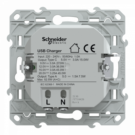 Ovalis - Chargeur USB type A 7,5W +C 45W - Forte puissance type C - Anthracite