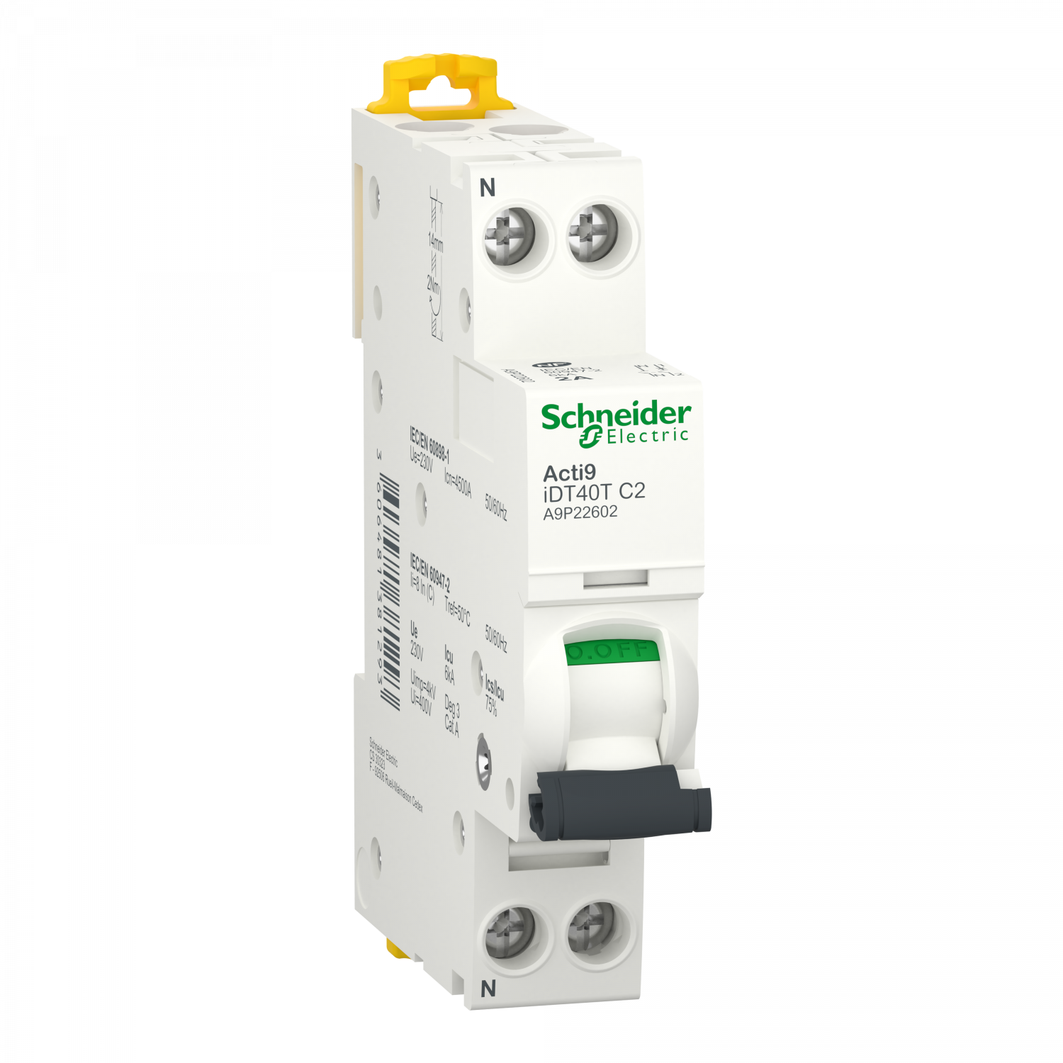 Acti9 iDT40T - Disjoncteur modulaire - 1P+N - 2A - Courbe C - 4500A/6kA