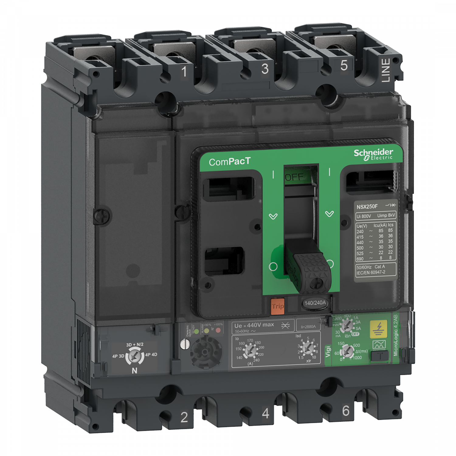 ComPacT NSX250B - Disjoncteur Vigi - MicroLogic 4.2AB 240A - 4P4D - 25kA - fixe