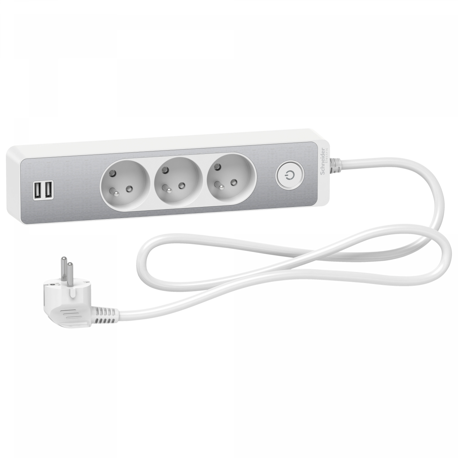 Odace - Rallonge multiprises 3 prises 2P+T - blanche/aluminium - 2USB - 1,5m